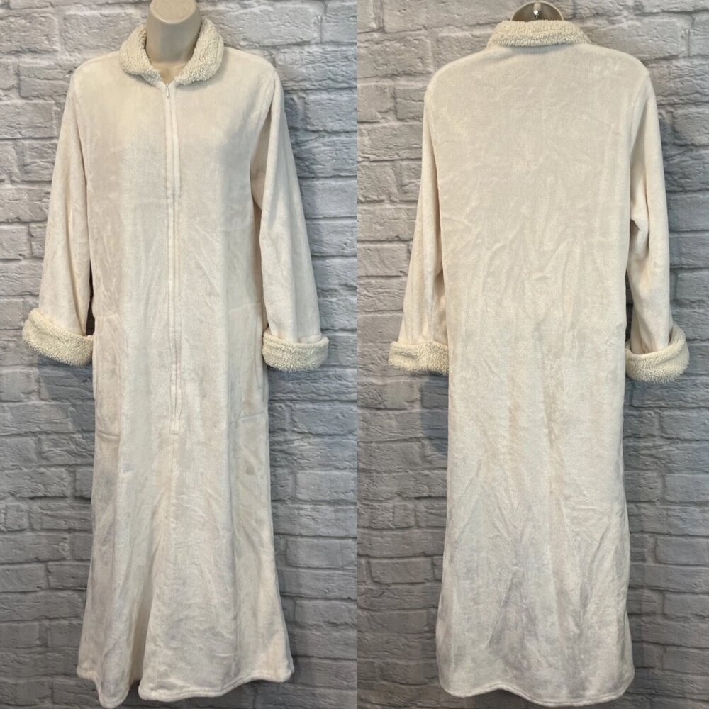 Natori Women's Ivory Plush Sherpa Trim Zip Front Robe Housecoat w/Pockets Sz M